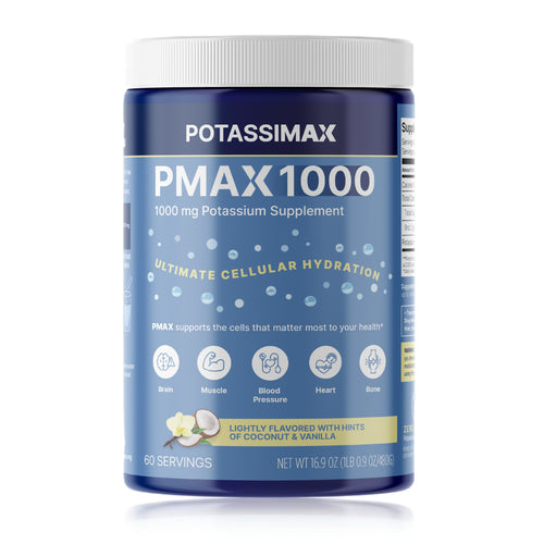 Blue supplement jar labeled 'Potassimax PMax 1000' on a white background