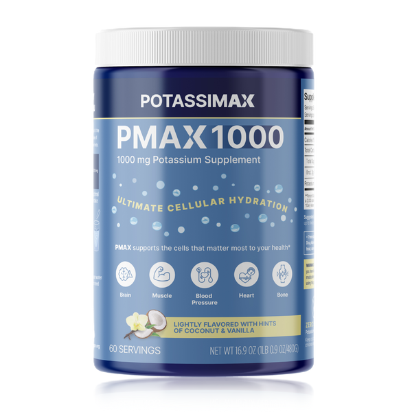 Potassium supplement container labeled 'POTASSIMAX PMAX 1000' on a white background