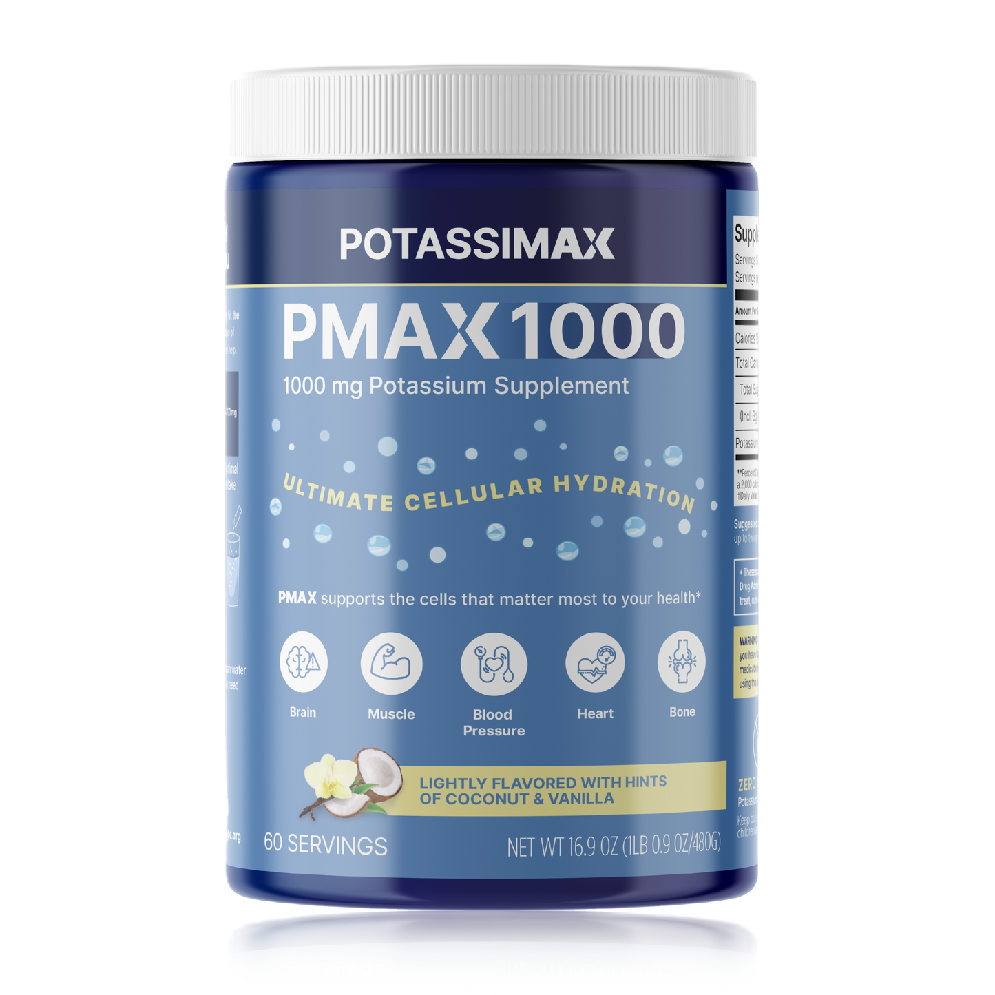 A tub of Potassium Max 1000 dietary supplement on a plain white background. The container is dark blue with a white ribbed cap and a blue label featuring white and yellow text, along with small illustrations of fruit and flowers indicating a lightly flavored coconut and vanilla taste.