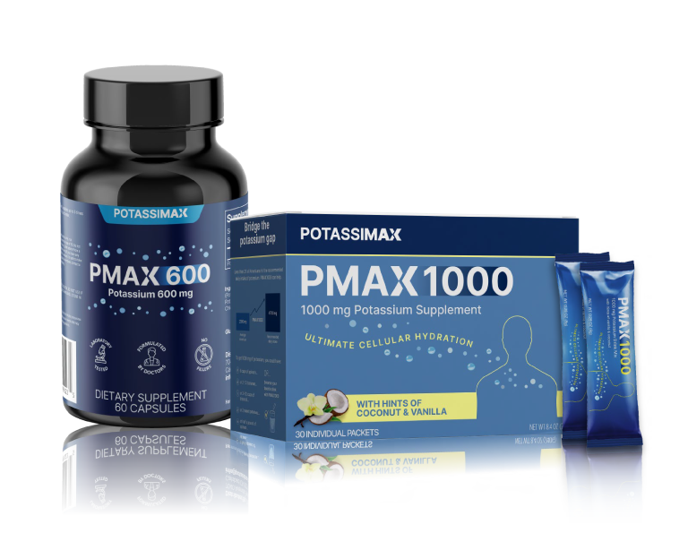 PMAX 600 capsule bottle and a box of PMAX1000 packets