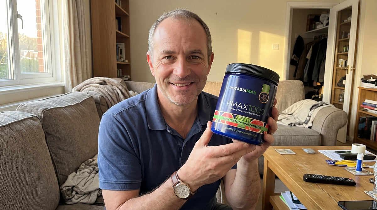 A man in a blue polo shirt holds up a tub of Pofassi Max Pmax1000 protein powder in a living room setting.