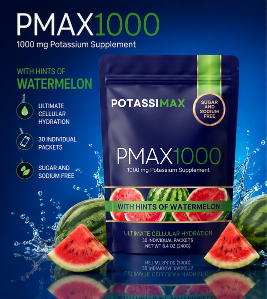 PotassiMax PMAX1000 potassium supplement pouch on a dark blue background with watermelon graphics and text highlighting cellular hydration and sugar-free packaging.