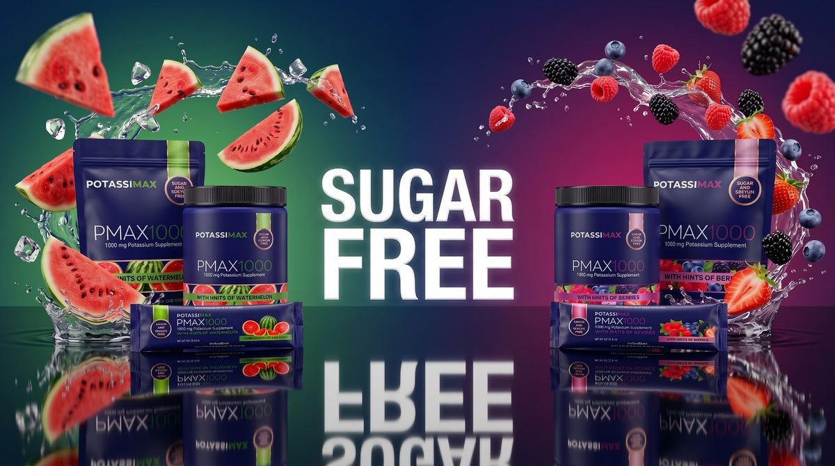 Sugar-free PMAX1000 in Watermelon and Berry flavors, pouch and tub