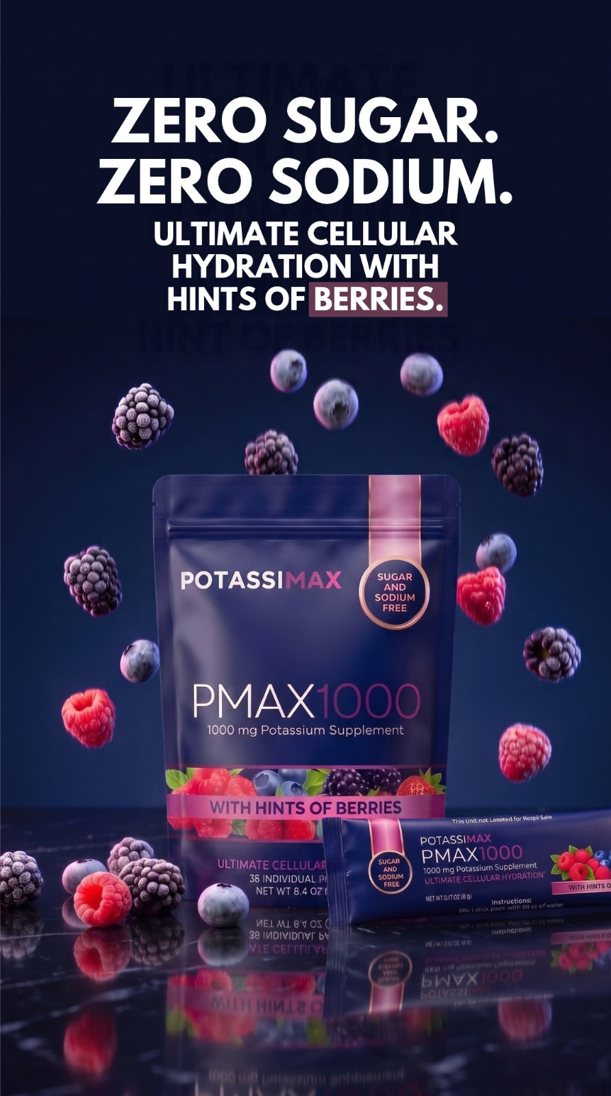 PMAX1000 with hints of berries, sugar- and sodium-free potassium supplement
