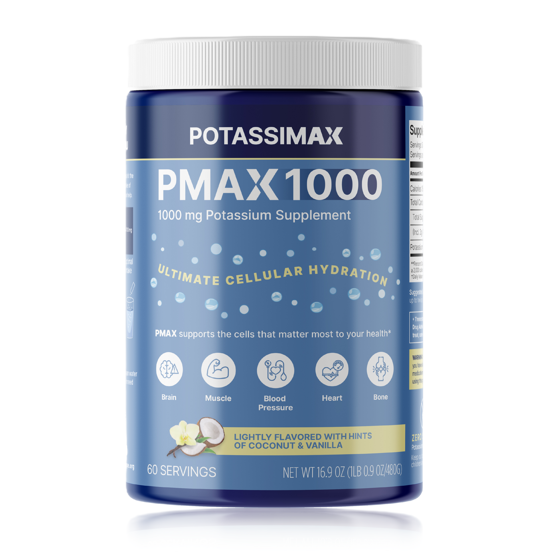 A tub of Potassium Max 1000 dietary supplement on a plain white background. The container is dark blue with a white ribbed cap and a blue label featuring white and yellow text, along with small illustrations of fruit and flowers indicating a lightly flavored coconut and vanilla taste.