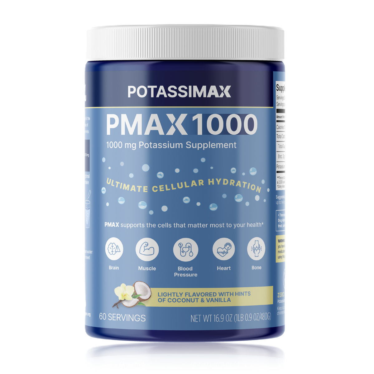 A tub of Potassium Max 1000 dietary supplement on a plain white background. The container is dark blue with a white ribbed cap and a blue label featuring white and yellow text, along with small illustrations of fruit and flowers indicating a lightly flavored coconut and vanilla taste.