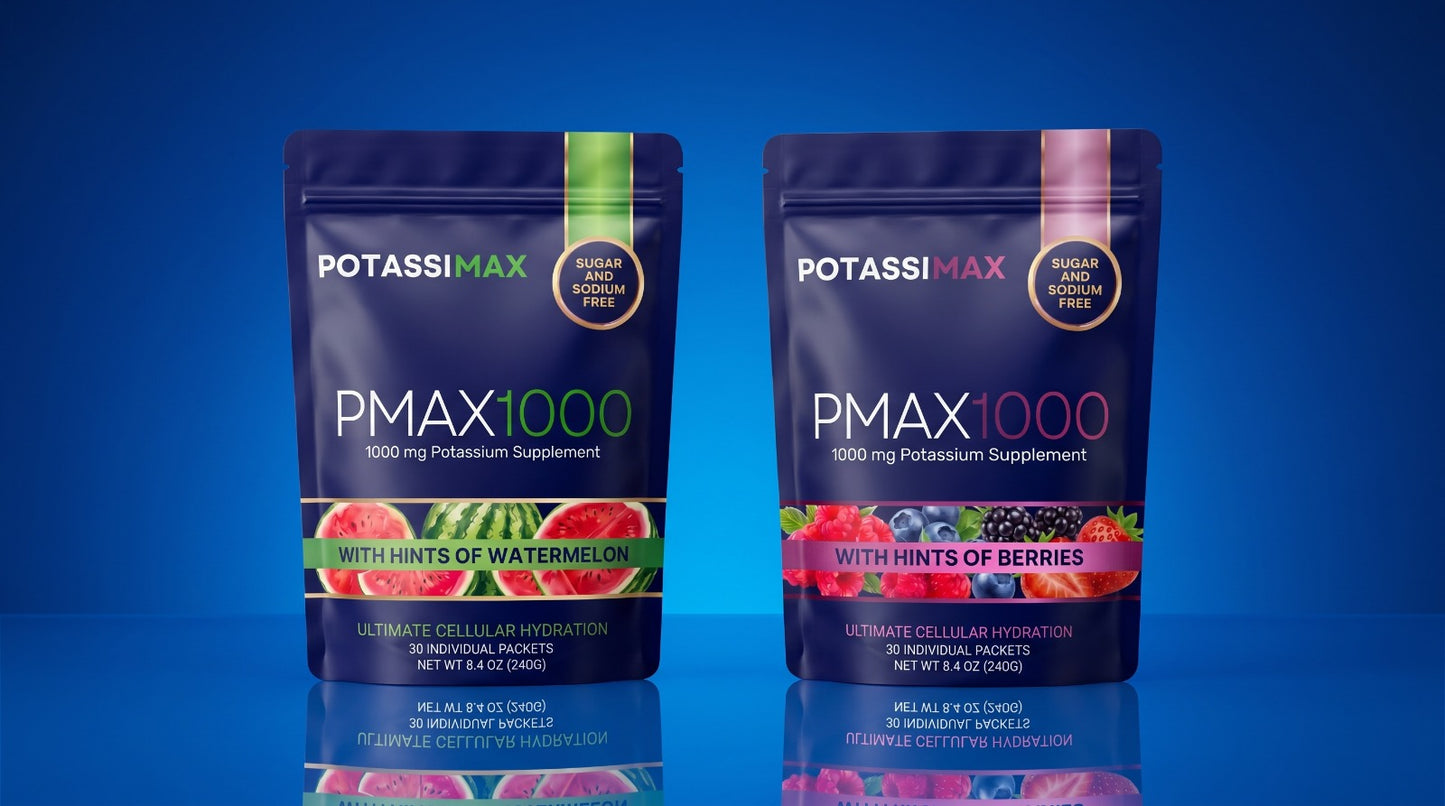 Two stand-up pouches of POTASSI MAX PMAX1000 potassium supplement on a blue gradient background. The left pouch is labeled 'With Hints of Watermelon' and the right pouch is labeled 'With Hints of Berries'.